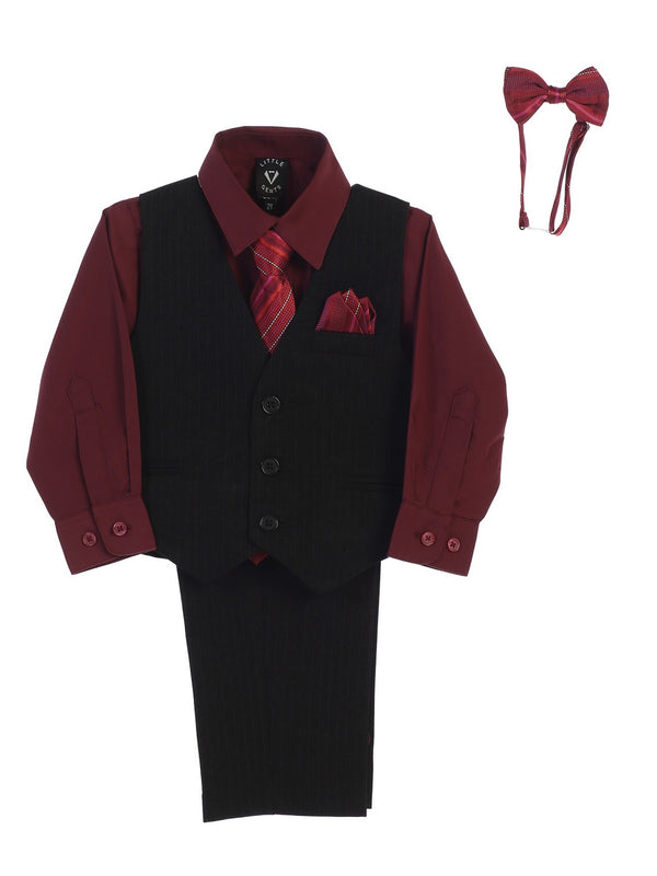 Lito Baby Boys Burgundy Shirt Zipper Tie Bow Tie Pinstripe Vest Pant Set 6-24M - SophiasStyle.com